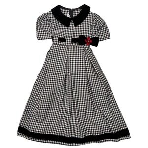 Vintage Bonnie Jean Black White Gingham Dress Velvet Collar Bow Girls Size 7